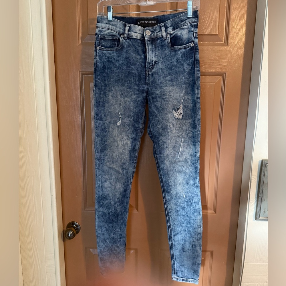 Express Distressed Dark Blue Skinny Jeans